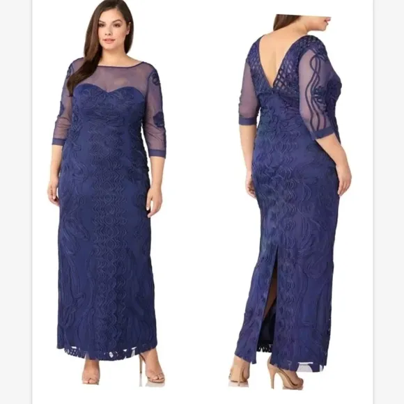 NWT $338 JS Collections Soutache Trim Mesh Column Gown SZ 14 W Purple Blue