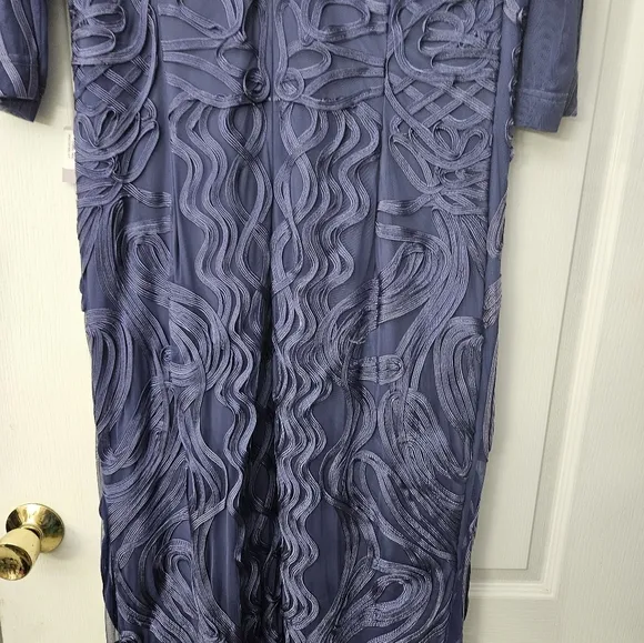 NWT $338 JS Collections Soutache Trim Mesh Column Gown SZ 14 W Purple Blue
