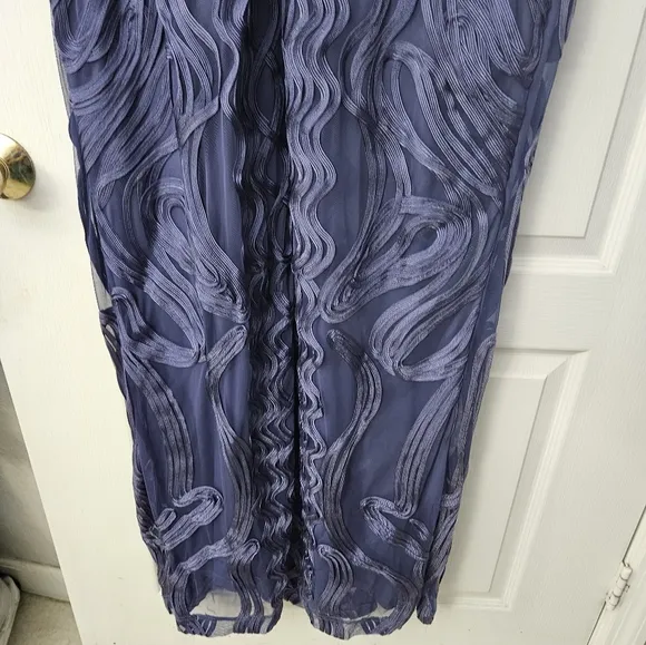 NWT $338 JS Collections Soutache Trim Mesh Column Gown SZ 14 W Purple Blue