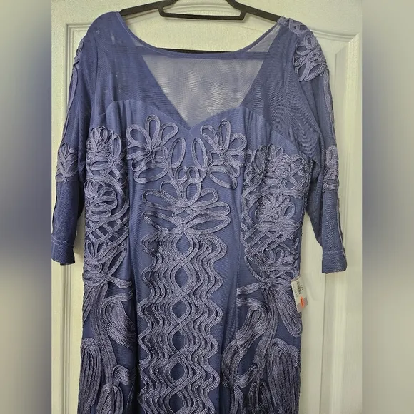 NWT $338 JS Collections Soutache Trim Mesh Column Gown SZ 14 W Purple Blue