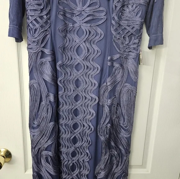 NWT $338 JS Collections Soutache Trim Mesh Column Gown SZ 14 W Purple Blue