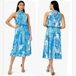 NWT Adrianna Papell Women's Blue  Floral Print Midi Dress SZ 4