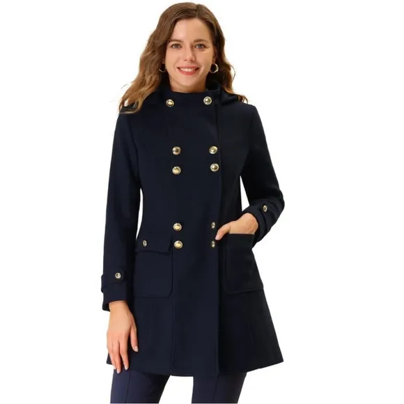 NWT! Allegra K Women's Double Breasted Hoodie Outerwear Winter Coat Navy L