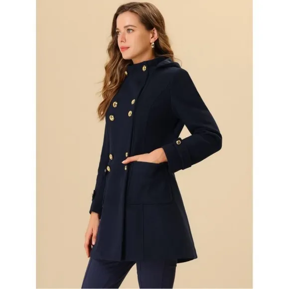 NWT! Allegra K Women's Double Breasted Hoodie Outerwear Winter Coat Navy L