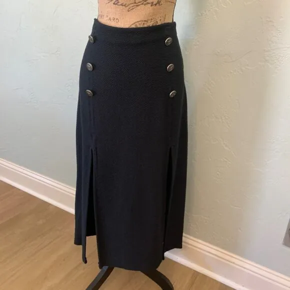 NWT Anthropologie Maeve Split Button Midi maxi skirt nautical stretch black 12