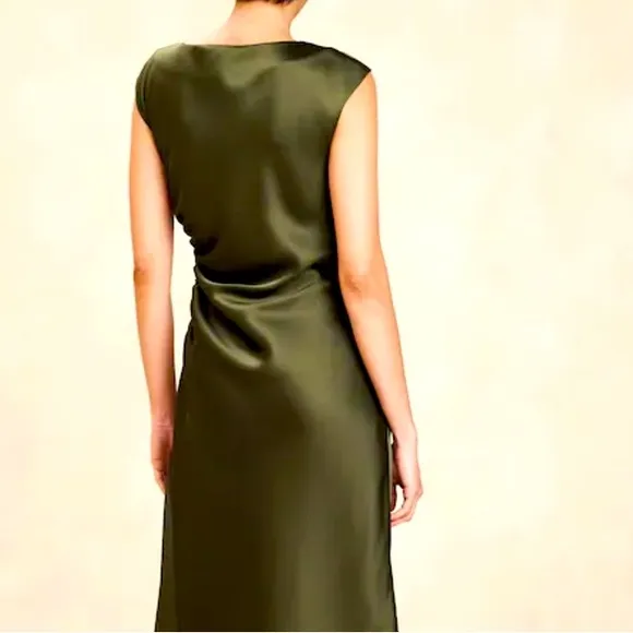 NWT BANANA REPUBLIC SHIRRED-SIDE SATIN MIDI DRESS IN OLIVE GREEN