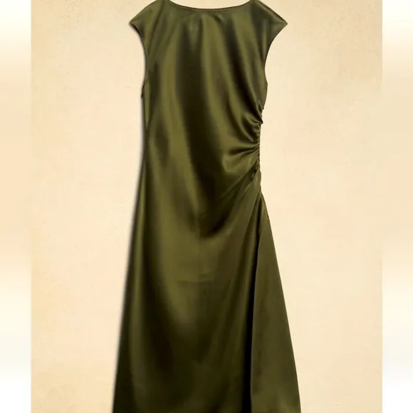 NWT BANANA REPUBLIC SHIRRED-SIDE SATIN MIDI DRESS IN OLIVE GREEN