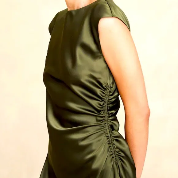 NWT BANANA REPUBLIC SHIRRED-SIDE SATIN MIDI DRESS IN OLIVE GREEN