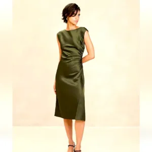 NWT BANANA REPUBLIC SHIRRED-SIDE SATIN MIDI DRESS IN OLIVE GREEN