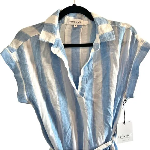 NWT Bella Dahl $172 M Belted Shirt Dress in Marina Blue Stripe