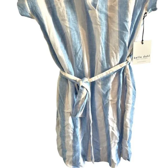 NWT Bella Dahl $172 M Belted Shirt Dress in Marina Blue Stripe