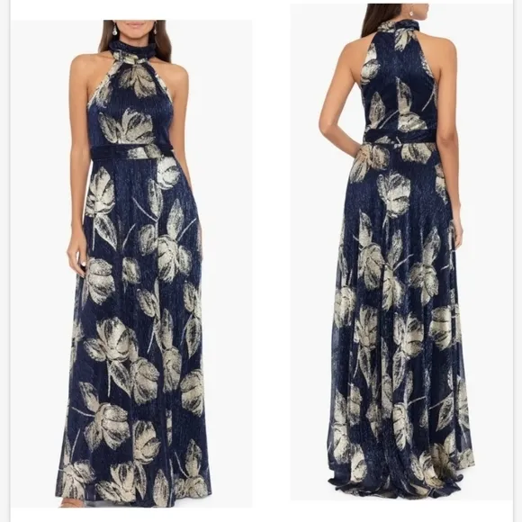 NWT Betsy &amp; Adam Foil Print Sleeveless Gown Blue &amp; Gold Sz 10