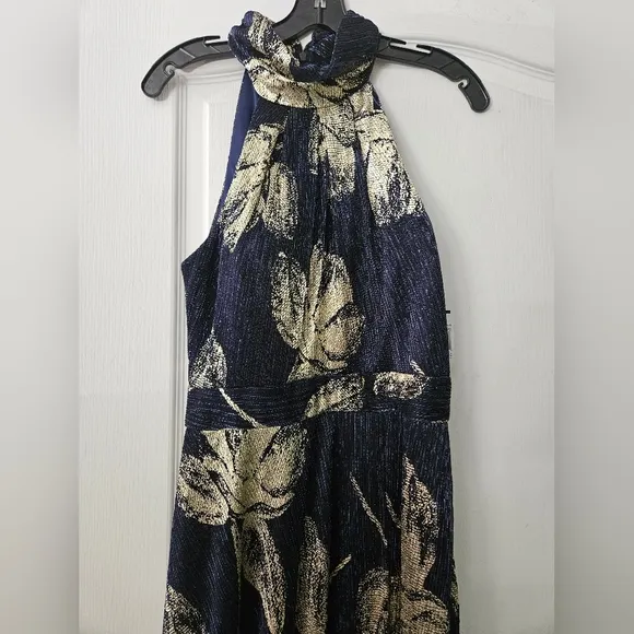 NWT Betsy &amp; Adam Foil Print Sleeveless Gown Blue &amp; Gold Sz 10