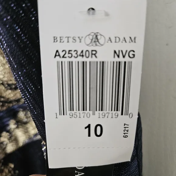 NWT Betsy &amp; Adam Foil Print Sleeveless Gown Blue &amp; Gold Sz 10