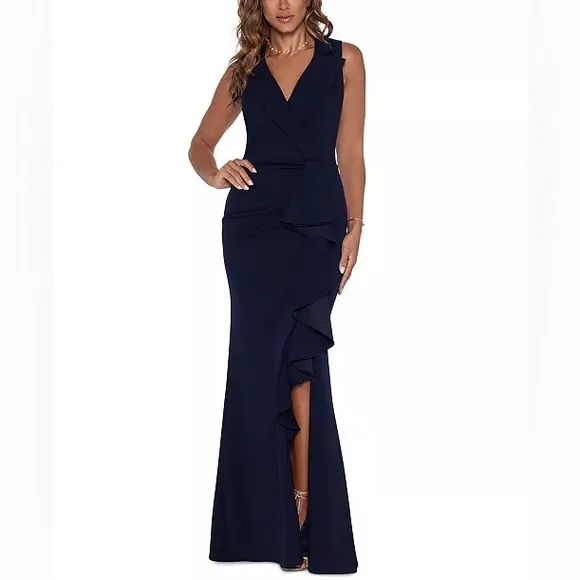 NWT Betsy &amp; Adam V-Neck Cascade Ruffle High-Low Gown Dress Sz 12 Navy Blue