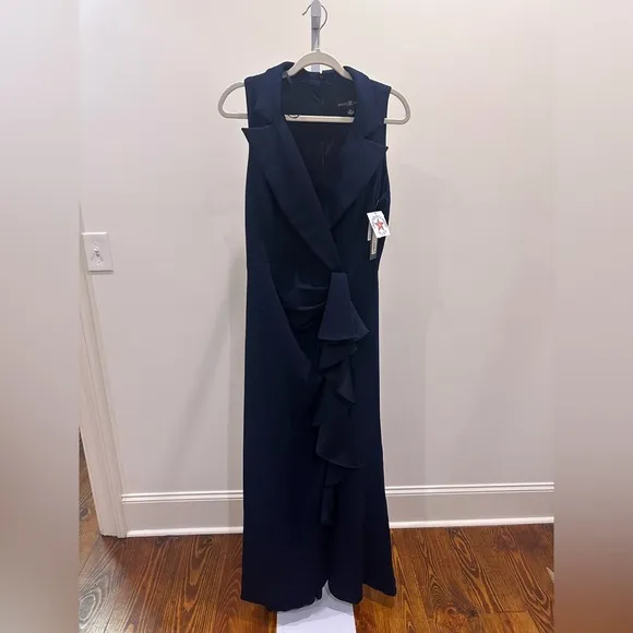 NWT Betsy &amp; Adam V-Neck Cascade Ruffle High-Low Gown Dress Sz 12 Navy Blue