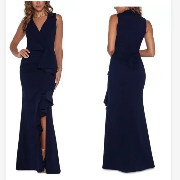 NWT Betsy &amp; Adam V-Neck Cascade Ruffle High-Low Gown Dress Sz 12 Navy Blue