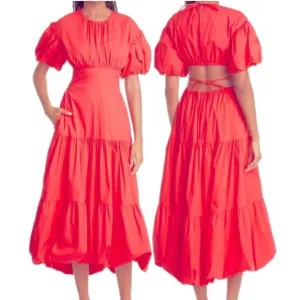 NWT CINQ A SEPT Maisey Puffed Sleeve Tiered Open-Back Dress sz 2