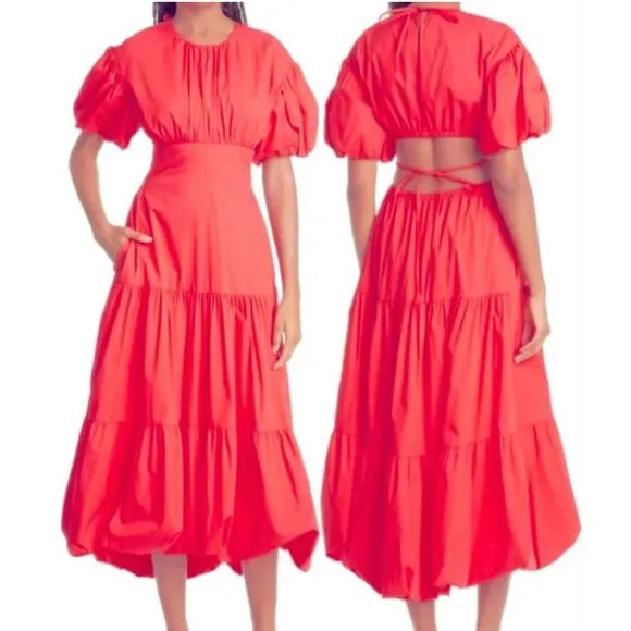 NWT CINQ A SEPT Maisey Puffed Sleeve Tiered Open-Back Dress sz 2