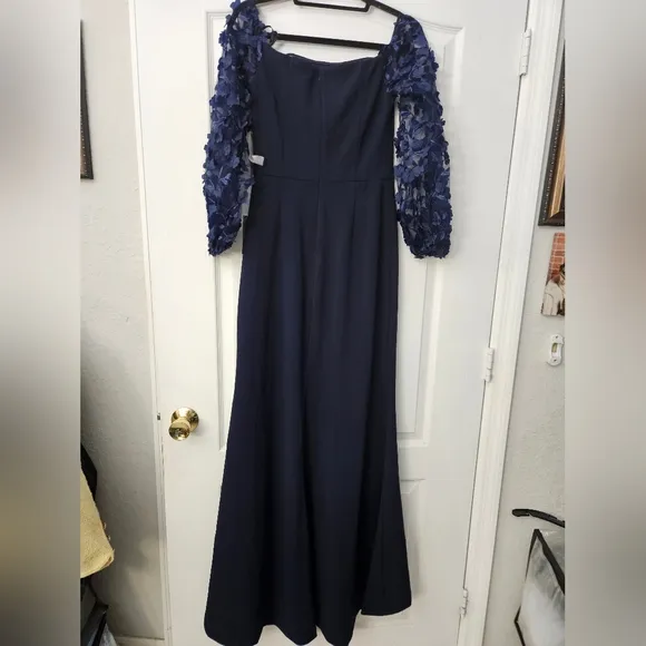 NWT Eliza J Navy Blue Off the Shoulder 3D Floral Sleeve Scuba Crepe Dress SZ 6