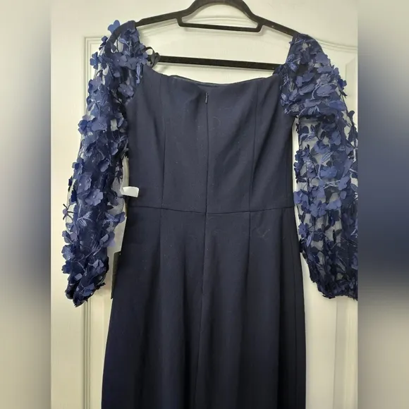 NWT Eliza J Navy Blue Off the Shoulder 3D Floral Sleeve Scuba Crepe Dress SZ 6