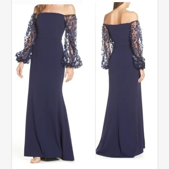 NWT Eliza J Navy Blue Off the Shoulder 3D Floral Sleeve Scuba Crepe Dress SZ 6