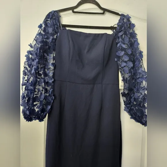 NWT Eliza J Navy Blue Off the Shoulder 3D Floral Sleeve Scuba Crepe Dress SZ 6