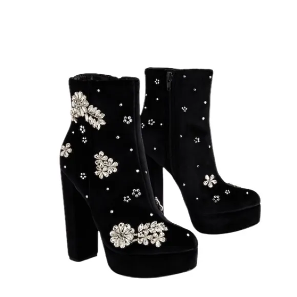 NWT Express Elegant Velvet Gem Embellished Side Zip Platform Ankle Boots Black 7