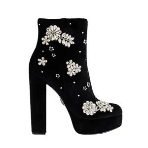 NWT Express Elegant Velvet Gem Embellished Side Zip Platform Ankle Boots Black 7