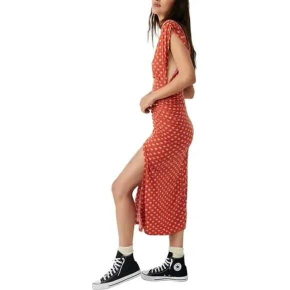 NWT Free People Lakeside Midi Dress Ginger Heart Print Ruched Side Slit Large