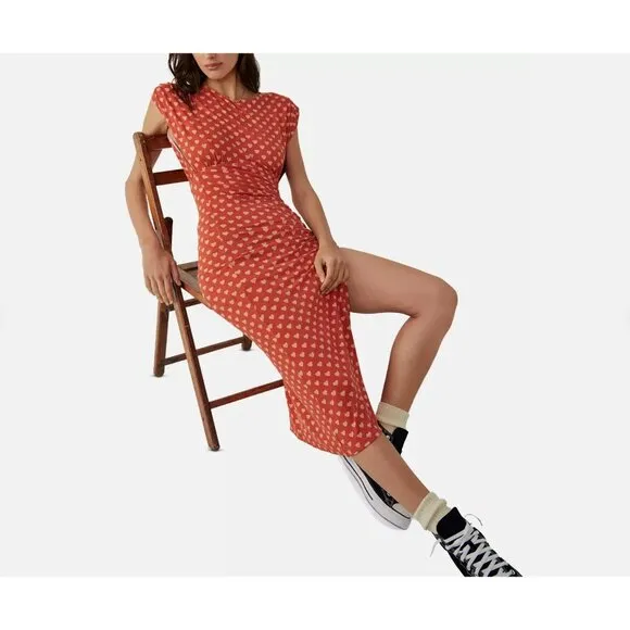 NWT Free People Lakeside Midi Dress Ginger Heart Print Ruched Side Slit Large