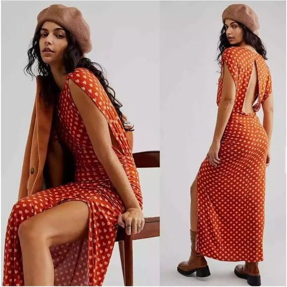 NWT Free People Lakeside Midi Dress Ginger Heart Print Ruched Side Slit Large