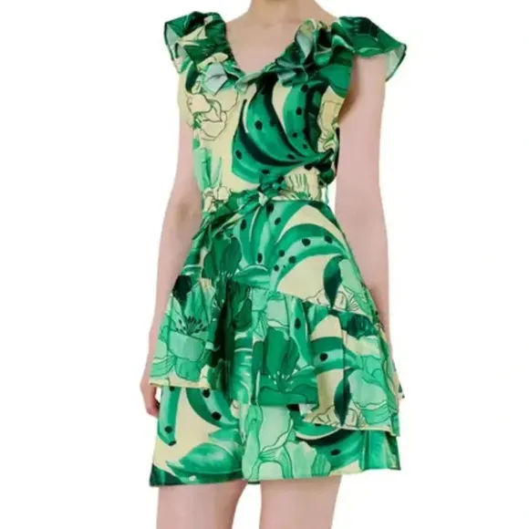 NWT HT 360 Collection Green Printed Mini Dress