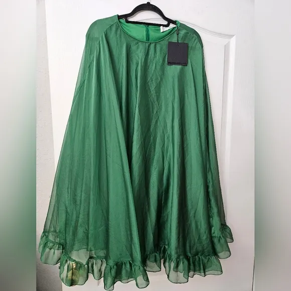 NWT Ieena for Mac Duggal High Neck Ruffle Hem Cape Mini Dress Dark Green SZ 14