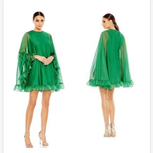 NWT Ieena for Mac Duggal High Neck Ruffle Hem Cape Mini Dress Dark Green SZ 14