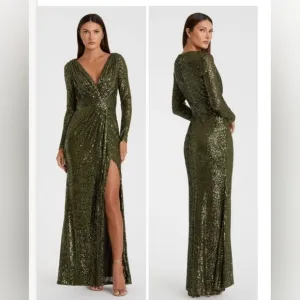NWT Ieena for Mac Duggal Olive Green Micro Sequined Long Sleeve Gown sz 12 26490