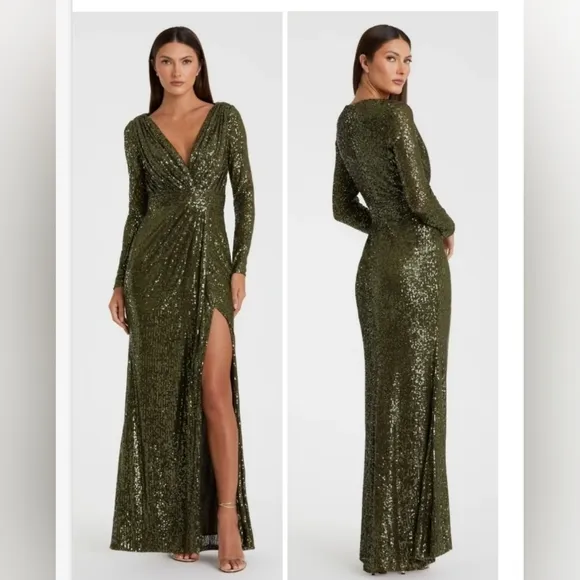 NWT Ieena for Mac Duggal Olive Green Micro Sequined Long Sleeve Gown sz 12 26490