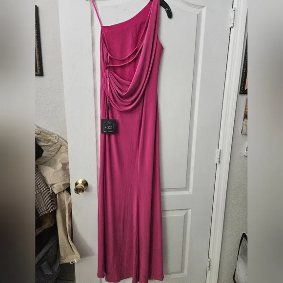 NWT Ieena for Mac Duggal Pink Jersey One Shoulder Draped Back Gown SZ 10