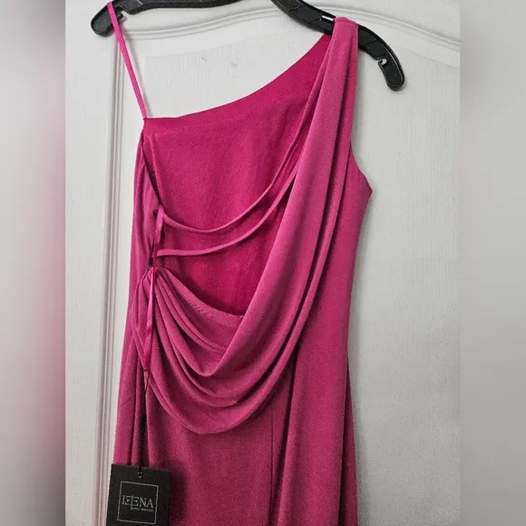 NWT Ieena for Mac Duggal Pink Jersey One Shoulder Draped Back Gown SZ 10