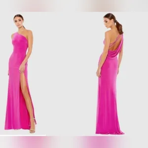 NWT Ieena for Mac Duggal Pink Jersey One Shoulder Draped Back Gown SZ 10