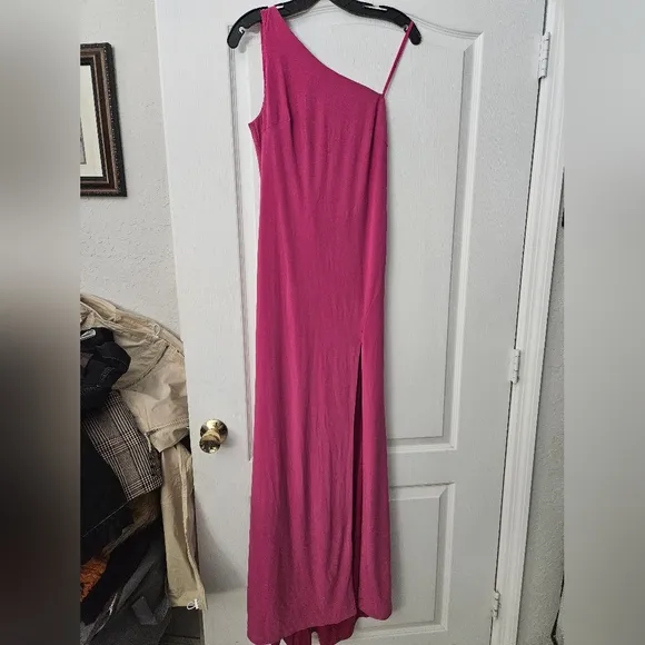 NWT Ieena for Mac Duggal Pink Jersey One Shoulder Draped Back Gown SZ 10