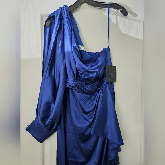 NWT Ieena for Mac Duggal Saphire Blue One Shoulder Bishop Sleeve Gown Sz 10