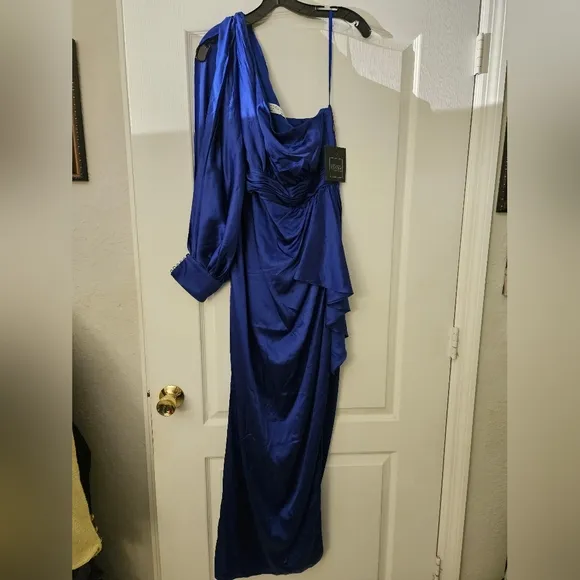 NWT Ieena for Mac Duggal Saphire Blue One Shoulder Bishop Sleeve Gown Sz 10