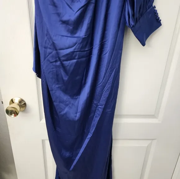 NWT Ieena for Mac Duggal Saphire Blue One Shoulder Bishop Sleeve Gown Sz 10