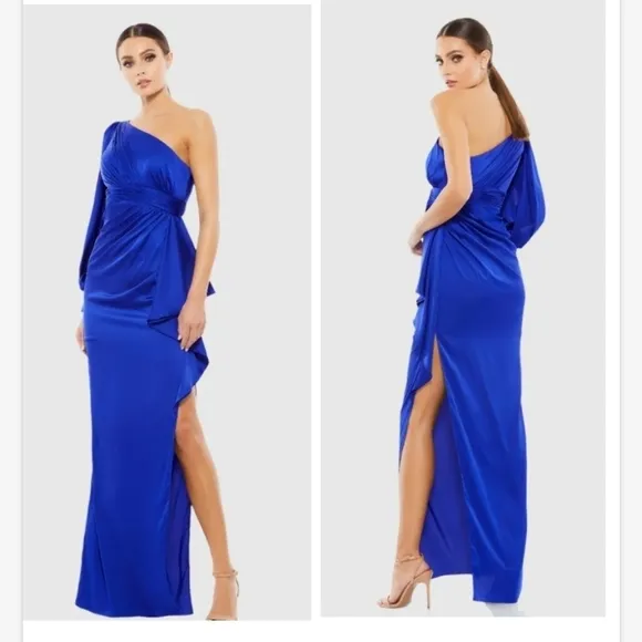 NWT Ieena for Mac Duggal Saphire Blue One Shoulder Bishop Sleeve Gown Sz 10