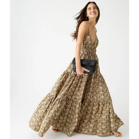 NWT J. Crew Collection Oahu tiered deep v maxidress navy Dandelion Swirl…