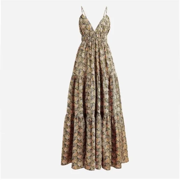 NWT J. Crew Collection Oahu tiered deep v maxidress navy Dandelion Swirl…