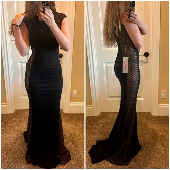NWT Jovani Formal Evening Dress Gown Prom Sexy Size 0 XS Black Mesh Cut Out
