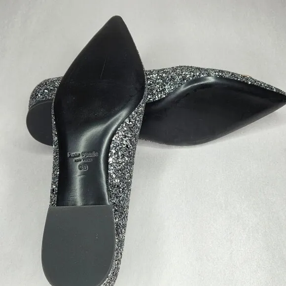 NWT Kate Spade Women's Buckle Up Glitter Flats Black Silver