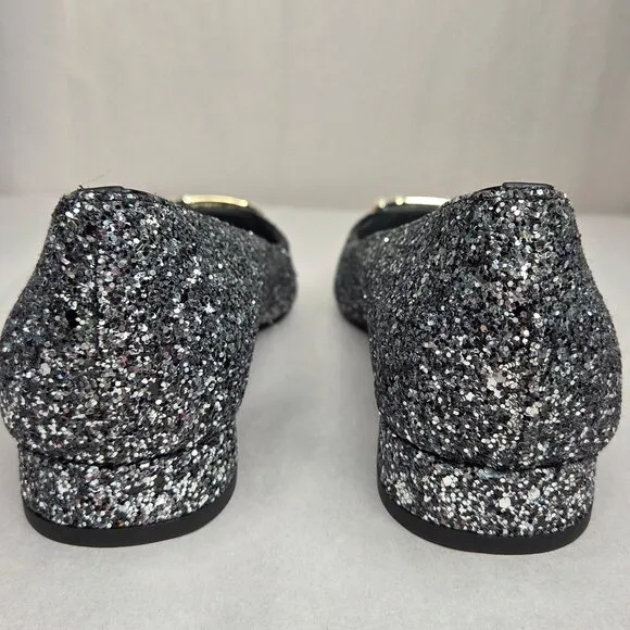 NWT Kate Spade Women's Buckle Up Glitter Flats Black Silver